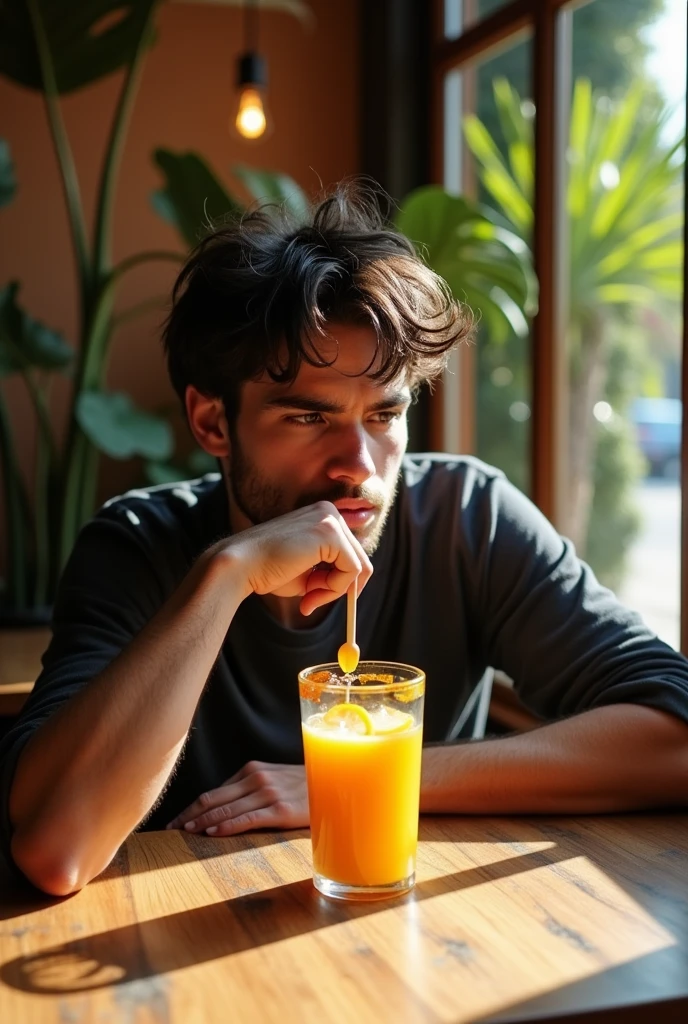 A young man drinking juice from a glass with a lid, looking thoughtful.