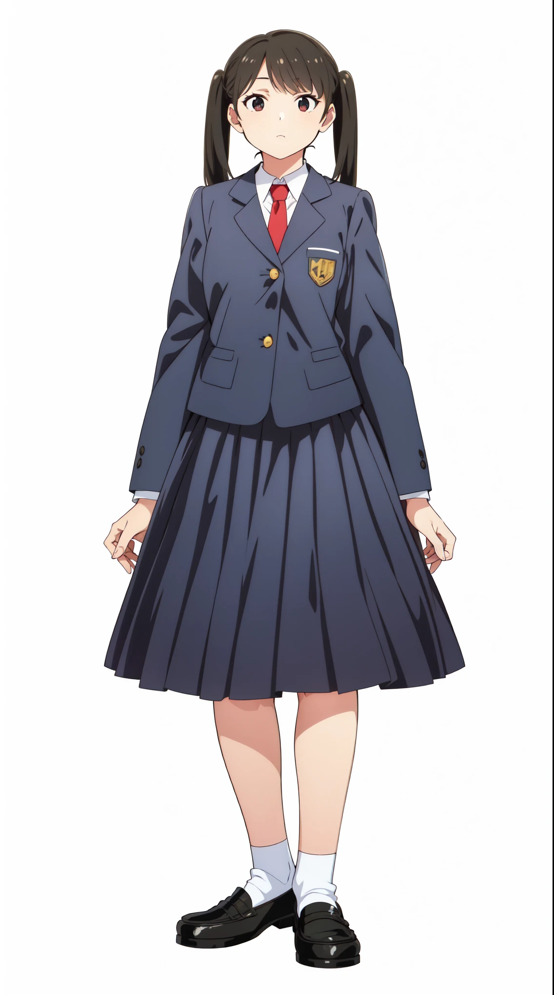 (white background:1.0), (best quality:1.0), (masterpiece:1.0), (super fine illustration:1.0), (beautiful artwork:1.0), (anime screencap:1.0), (official art:1.0), (full body:1.0), (solo:1.0), (a 17yo cute girl:1.0), (long skirt:1.0), (dark blue skirt:1.0), (pleated skirt:1.0), (school uniform dark blue blazer:1.0), (red necktie:1.0), (black loafers:1.0), (white socks:1.0), (ideal ratio body proportions:1.0), (lanky:1.0), (tall:1.0), (slender:1.0), (small breasts:1.0), (smaller face:1.0), (detailed beautiful eyes:1.0), (detailed beautiful face:1.0), (glowing black eyes:1.0), (short hair:1.0), (twin tails:1.0), (swept bangs:1.0), (black hair:1.0), (standing:1.0), (looking at viewer:1.0)