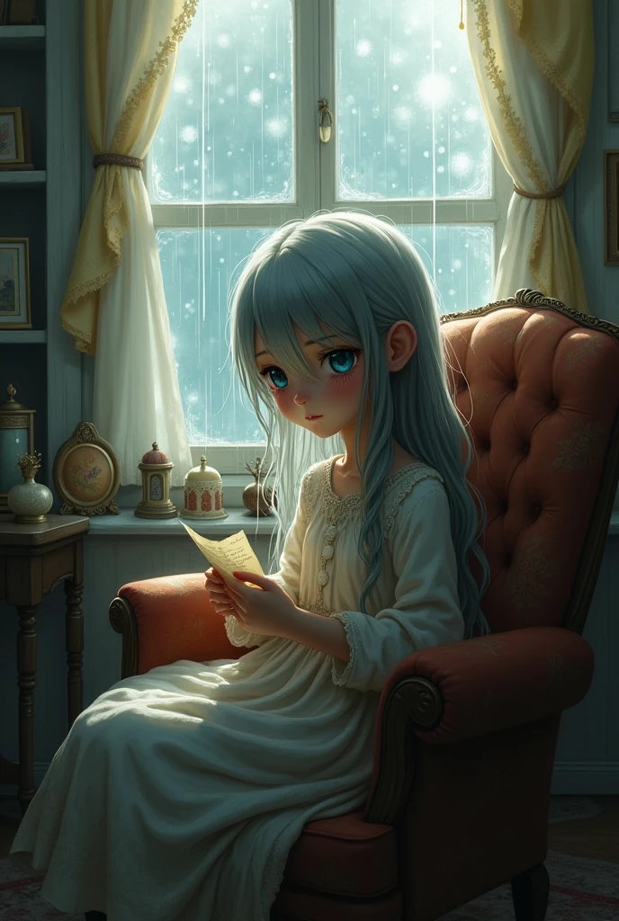 A girl with gray hair and blue eyes sits in front of the window and cries heavily. 