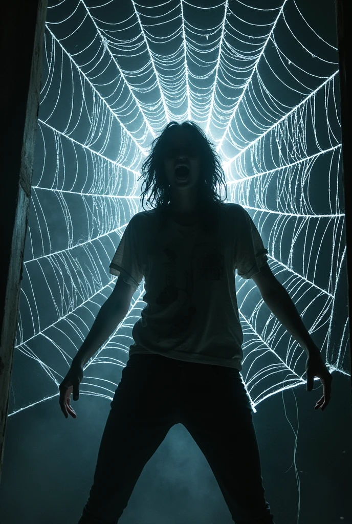 Aggressive white spiderweb with someone trapped