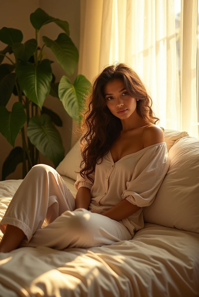 (photorealism:1.2), beautiful woman, sitting on bed, wearing loose off-shoulder top, pajama pants, long curly hair, indoors, soft lighting, plants in background, window with sunlight, cozy room, relaxed pose, realistic, intricate details, warm colors, by Greg Rutkowski, by Alphonse Mucha