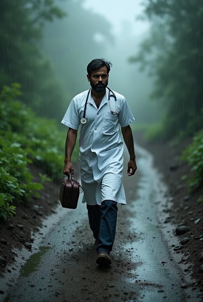 **Scene 2: Dr. Sudhir’s Journey**
Animate Dr. Sudhir walking and wearing white colour apron and stethoscope,through muddy, rain-soaked paths. He’s drenched in rain, carrying a small medical bag, determined and focused as he navigates swollen rivers and steep trails.