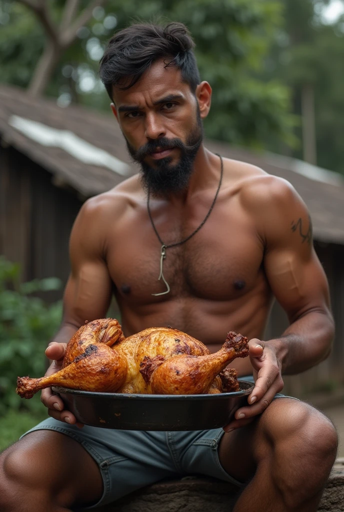 Shirtless muscular man, eating a big roasted chicken in the favela