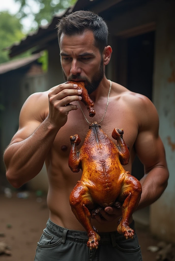 Shirtless muscular man, eating a big roasted chicken in the favela