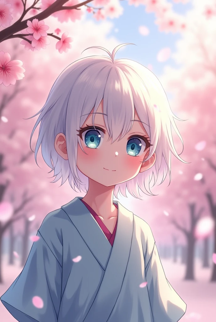 Make an image: Make a white-haired, white-skinned child, blue eyes and Japanese descent, anime male gender