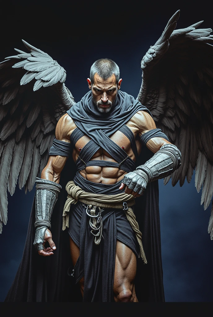 a muscular man in black armor with bandages, facing the viewer, with manly features, scars and wounds, smooth skin, sharp focus, illustration, guts (berserk), dark angel wings, cinematic lighting, dramatic pose, hyper detailed, oil painting, photorealistic, chiaroscuro, muted colors, moody atmosphere