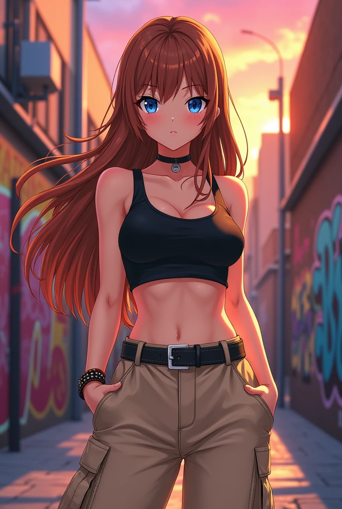 one , blue eyed, chestnut hair ,com one calça cargo beje e um top preto. anime styling