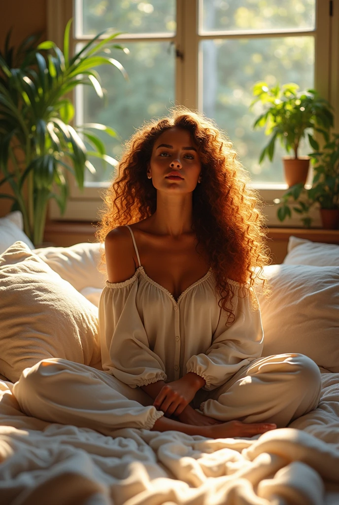(photorealism:1.2), beautiful woman, sitting on bed, wearing loose off-shoulder top, pajama pants, long curly hair, indoors, soft lighting, plants in background, window with sunlight, cozy room, relaxed pose, realistic, intricate details, warm colors, by Greg Rutkowski, by Alphonse Mucha
