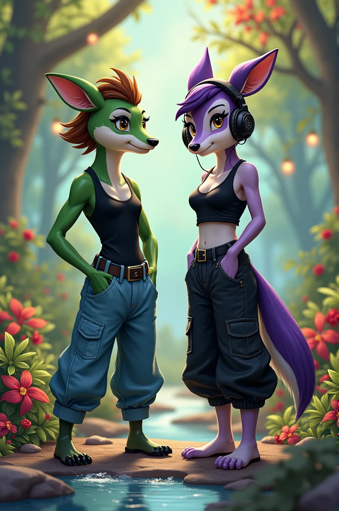 Female platypus (green and white fur, short brown hair, cravings, black tank top, baggy denim pants) x Female Deer (purple and white fur, short black hair, black top, black baggy pants, headphones) Furry, Furrsona
