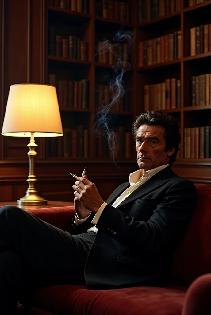 Alain Delon, the famous French actor, is sitting on the sofa smoking a cigarette, a part of the library wall is near his back, a lampshade on the table.