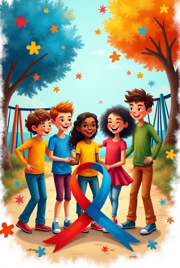 Create a very colorful image with autism colors about social inclusion using autism as the focus as if it had been done with a pencil with strong strokes also using the autism ribbon