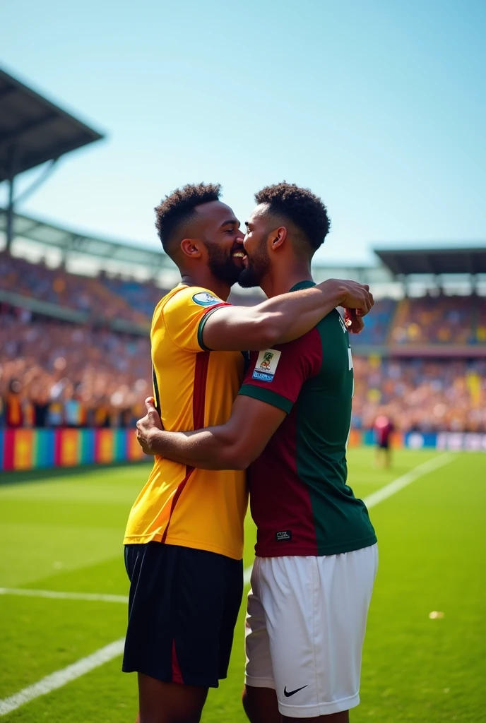 Two soccer player hugging each other in a soccer ground one of them wearing yellow and red Joshi with black shots and the other one is wearing maroon and dark green Joshi with white shorts
Both of them were chanting for justice