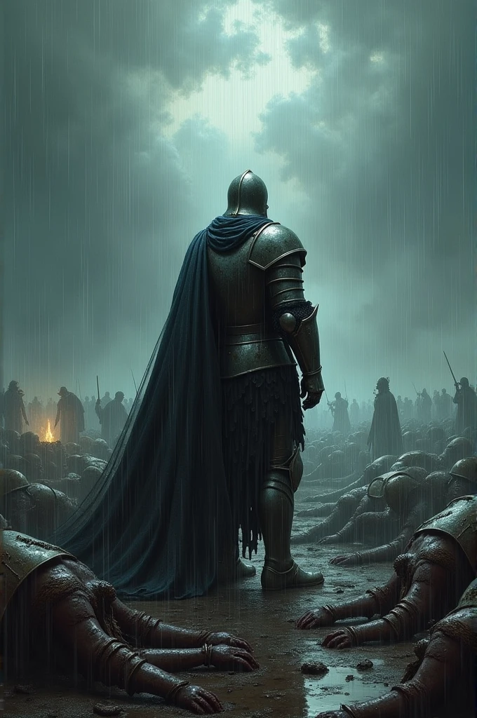 Create a dark fantasy style image of a knight standing in the rain with many bodies of his fallen enemies in the background after a battle. The knight looks up at the sky as it rains.
