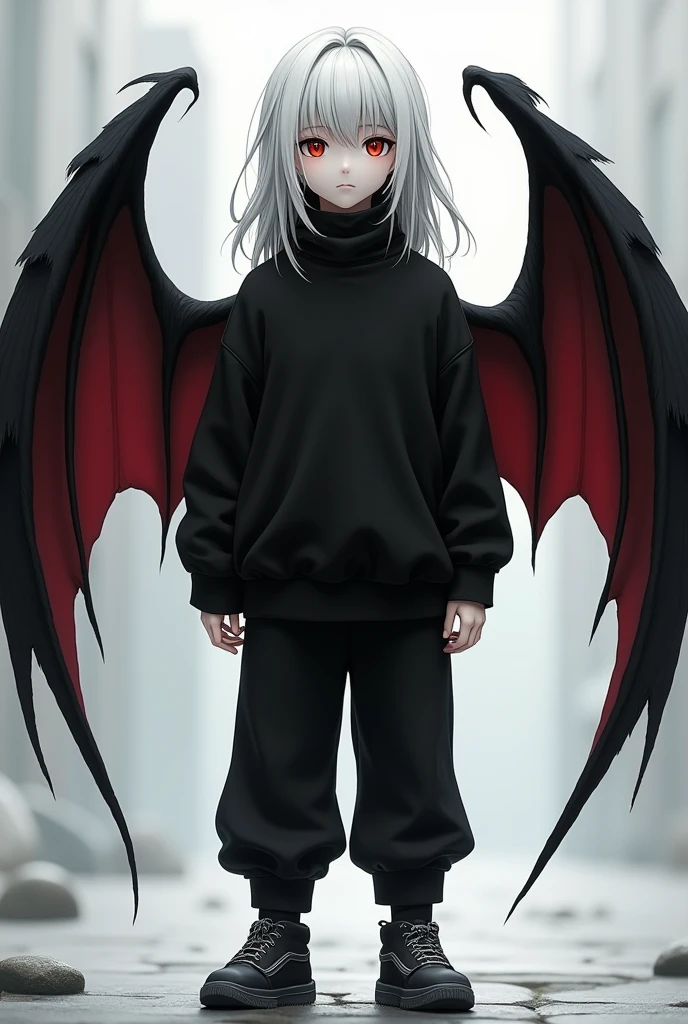 Kizuro is a young boy with a thin and slender body., 1,75 tall, Eyes red, pale skin, long white hair that reaches more than halfway down her back, with strands on each side of the head. Your hair parts into a fringe that covers one of your eyes, more precisely, the left eye. He wears a long-sleeved black shirt with a high neck, a black sweatshirt over a shirt, black sweatpants and black sneakers with dark gray soles. Kizuro has black bat wings with red interior on the sides and an extremely feminine face.. KIZURO has a fringe covering his left eye.