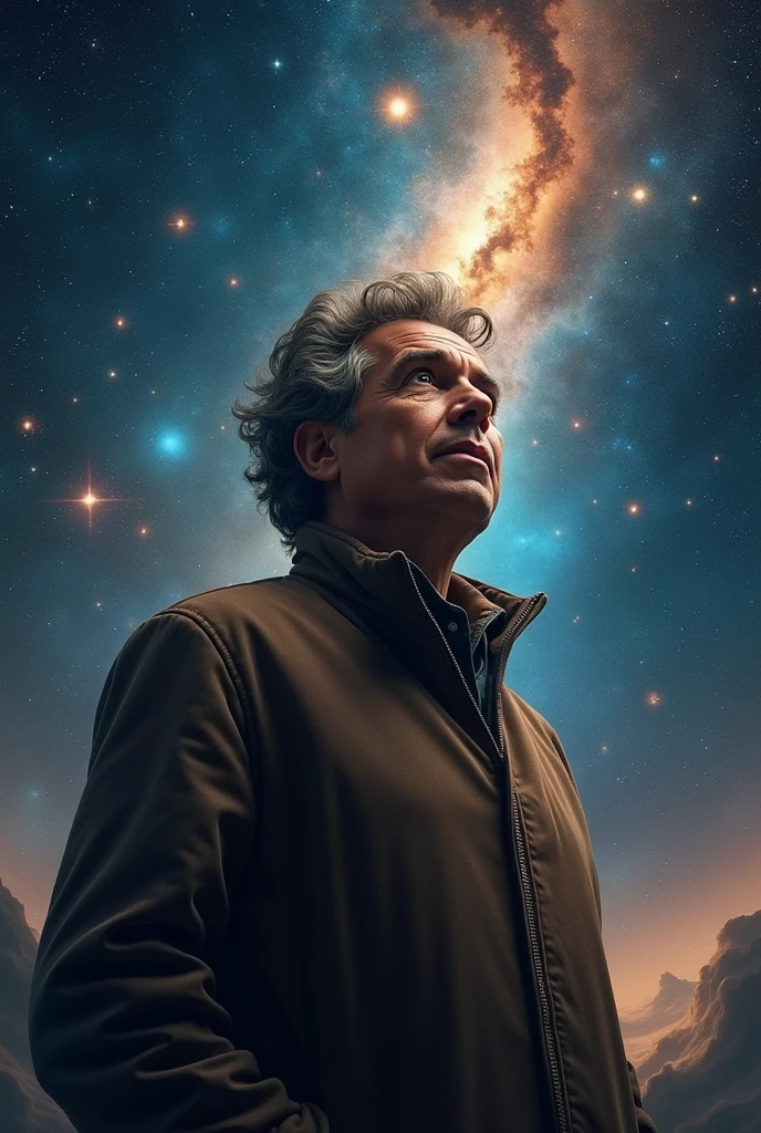 Real Picture of Carl Sagan having background of universe and his space exploration work 