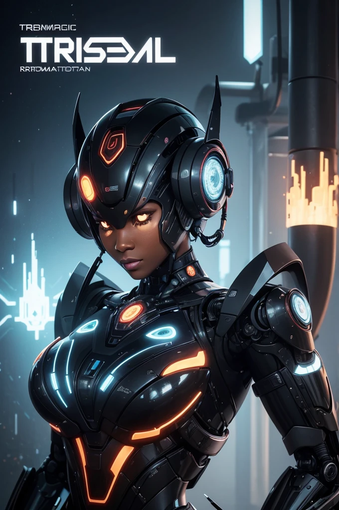 cover for the music track led “Trembeat - Ritual”. The image should feature a face and upper body that seamlessly blend two styles: one side should suggest a realistic female human with dark skin and subtle ethnic symbols, while the other side should evolve into a futuristic robot. The robot’s surface should integrate vibrant, colorful flowers that flow organically from the human side, creating a harmonious fusion of natural and artificial elements. Ensure the transition between the human and robot aspects is fluid and natural. The text “Trembeat - Ritual” should be incorporated in a modern, artistic font that complements the overall design, enhancing the blend of traditional and futuristic aesthetics.