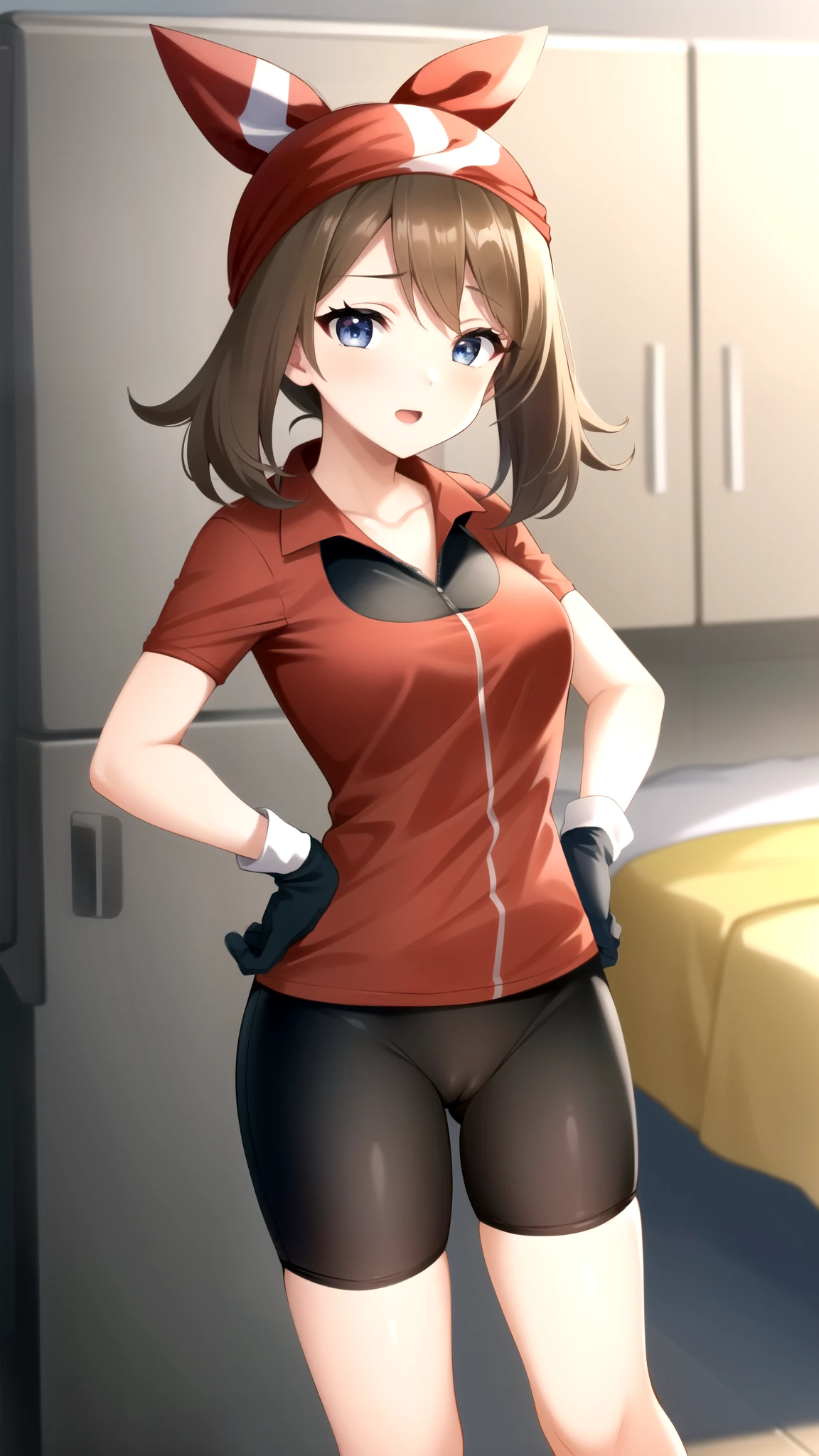 8k,Super Detailed Game CG, (High resolution:1.1),(absurdes:1.1), highest quality, 超High resolution, highest resolution, very detailed, One person, May, shirt, bike Shorts, bandana, red shirt, hair band, Medium Hair, gloves, Shorts, bow hair band, No sleeve, red bandana
hands on hips, (pussy line),mesugaki,