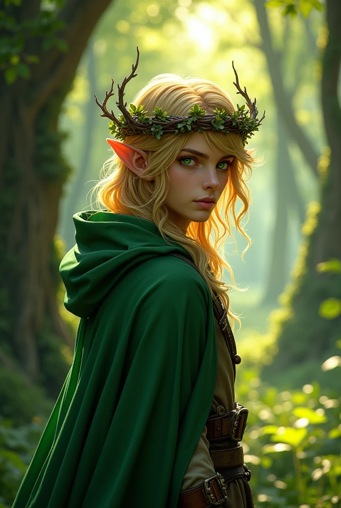 "Create a realistic RPG character with pointed ears, almond-colored wavy hair, and green eyes. He wears a flowing green hooded cloak, blending with the forest surroundings. On his head, he dons a green tiara made of intertwined dried branches and leaves, giving him an ethereal, nature-bound appearance. His presence is serene yet powerful, like a guardian of the woodland realms, ready to protect the natural world with wisdom and grace."