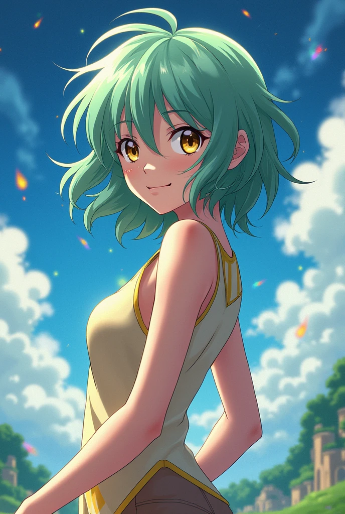 Create an 18 year old girl, pale skin, slim, Messy mint green hair that reaches the middle of the back, He has a mole under his left eye, Brown eyes with a golden circle in the center of the iris and a cheerful facial expression (Saint Seiya The Lost Canvas anime style)