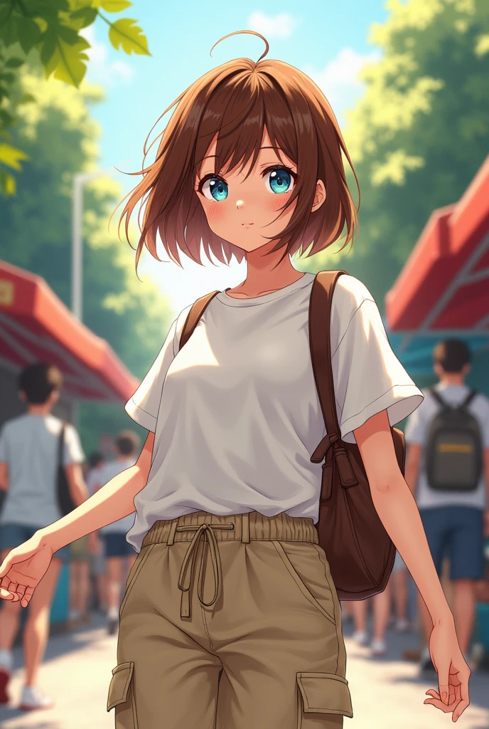 one , blue eyed, chestnut hair ,com one calça cargo beje e one camiseta branca larga. anime styling