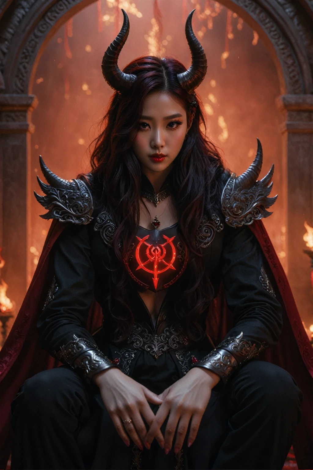 a woman with red hair in a black dress with horns and a red heart, Park Shin Hye como um supervilão, iu lee ji-eun as a supervillain, beautiful and elegant demon queen, The villain has black angel wings, white horned queen demon, together | Mediovale, Mahira Khan as an advertisement&d mage, queen of hell, diablo 4 queen