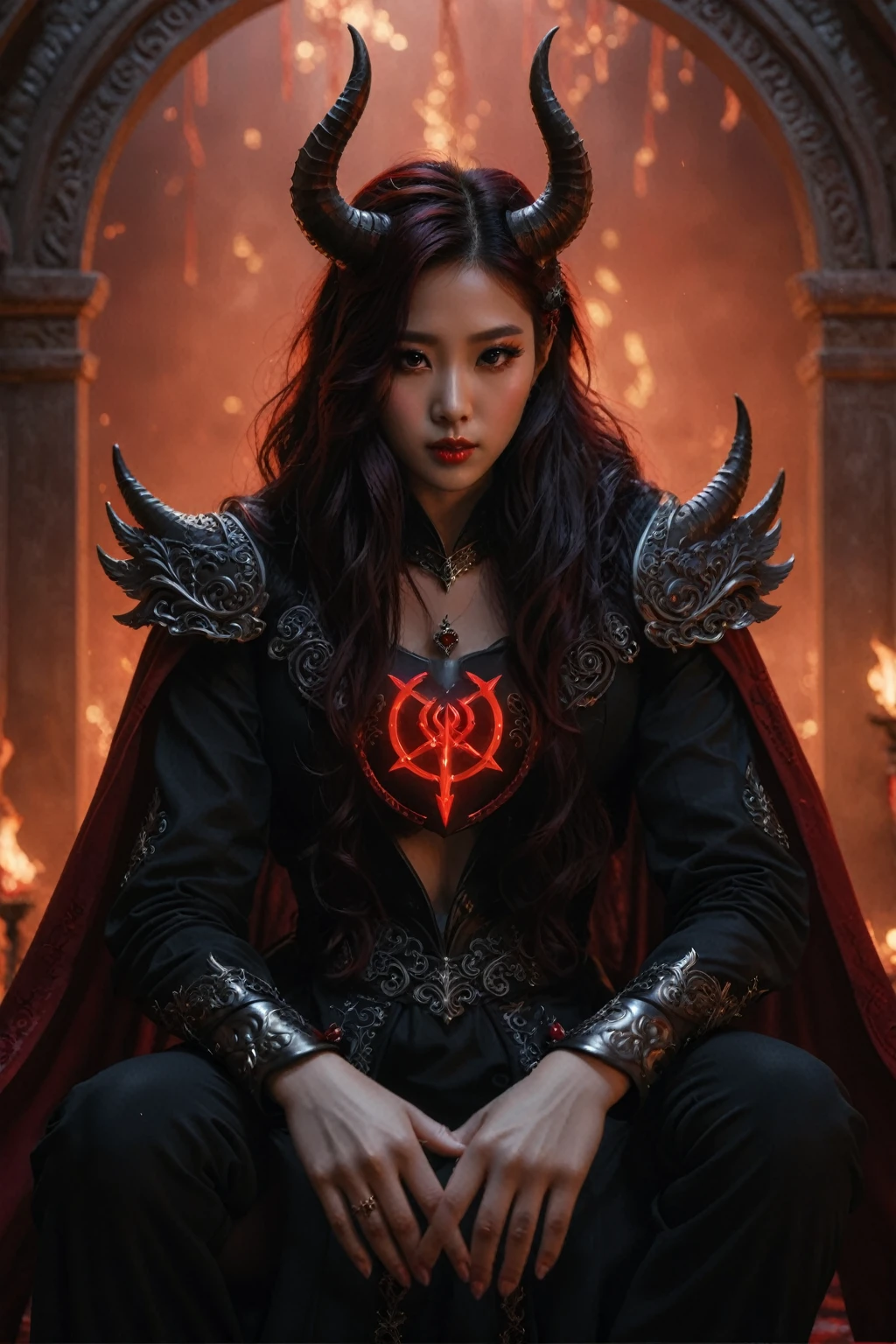 a woman with red hair in a black dress with horns and a red heart, Park Shin Hye como um supervilão, iu lee ji-eun as a supervillain, beautiful and elegant demon queen, The villain has black angel wings, white horned queen demon, together | Mediovale, Mahira Khan as an advertisement&d mage, queen of hell, diablo 4 queen