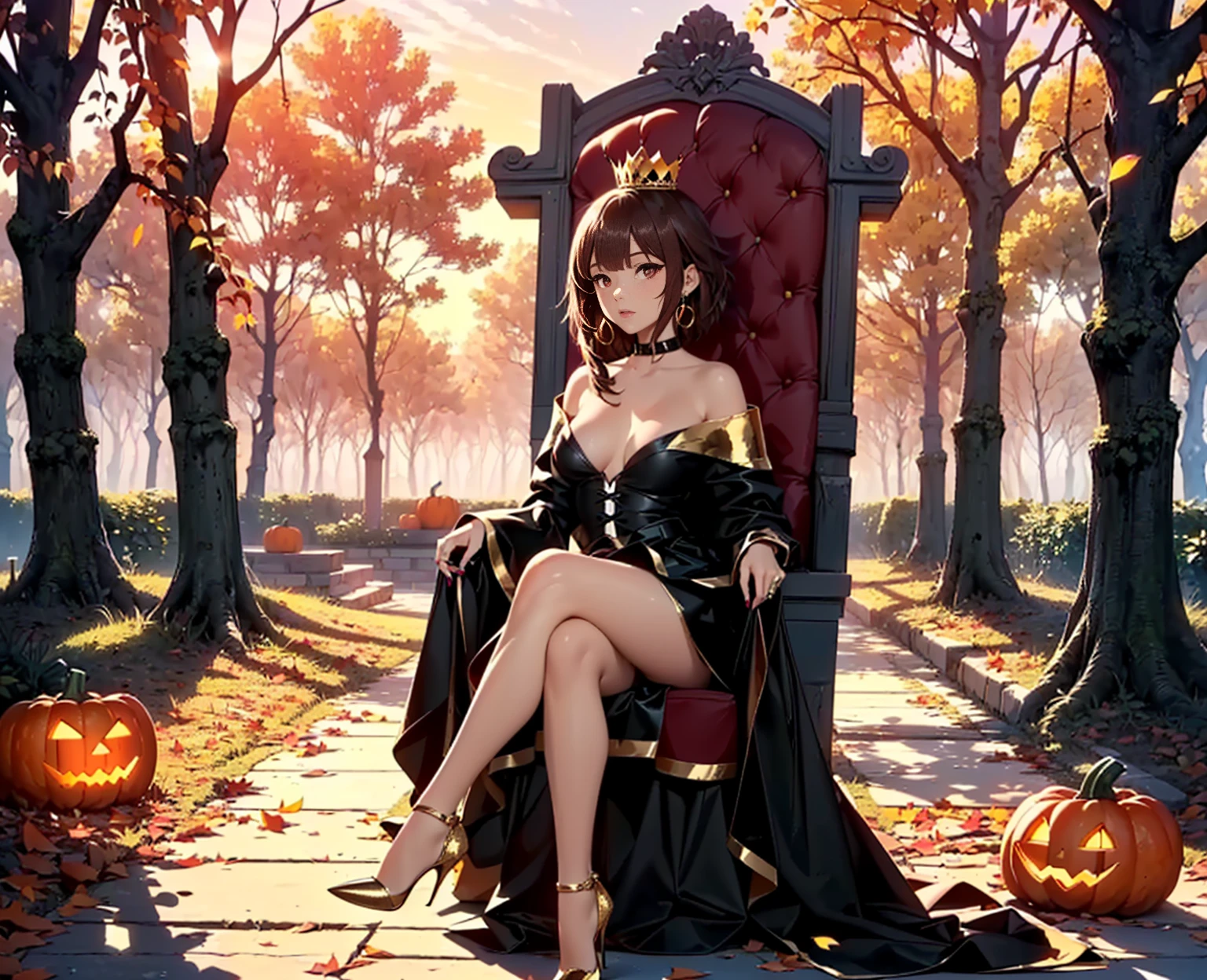 ((1girl, solo ,alone, megumin, short hair, red eyes, brown hair, ((short woman, small breasts)), painted nails, gold bracelets, ruby earrings)), ((solo, 1woman, pink lipstick, Extremely detailed, ambient soft lighting, 4k, perfect eyes, a perfect face, perfect lighting, a 1girl)), austere, ((Setting: The woman sits on a throne made of dry branches and fallen leaves, wearing a crown of leaves in shades of orange, red, and gold. The surrounding environment may be a forest with trees losing their leaves and a carpet of leaves on the ground. ((sitting cross-legged, legs crossed, high heels, stiletto heels)). Details: Gentle winds lifting leaves into the air, golden light from the setting sun, and pumpkins scattered around the throne.))