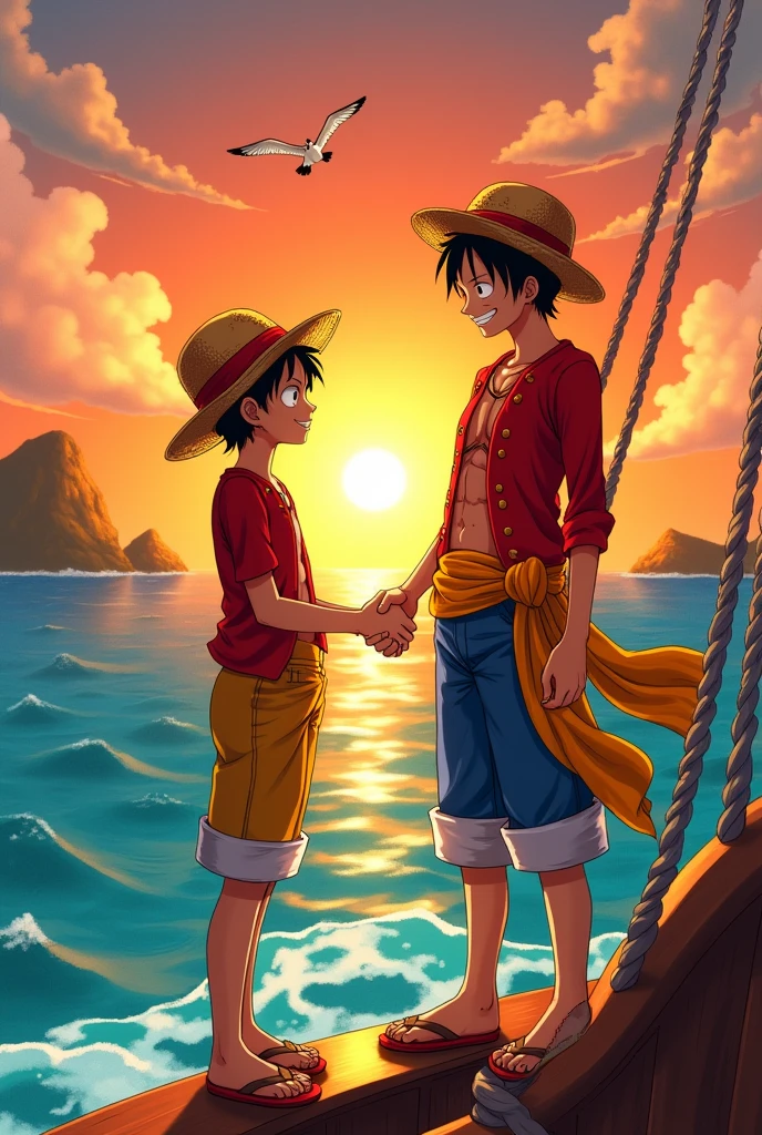 Luffy meet his future self and give hand. Then his future motivate him like giving some quotes
