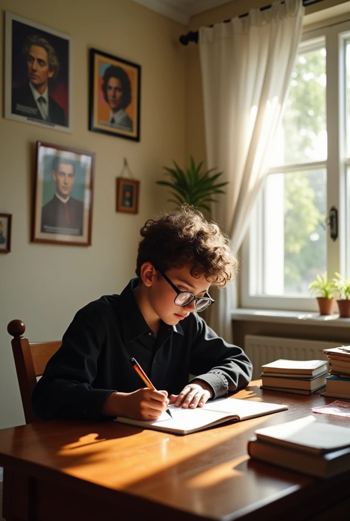 a teenage man,stark, wearing glasses, brazileiro,curly, offwhite, 15 years old, with a black blouse, writing a poem in your room.