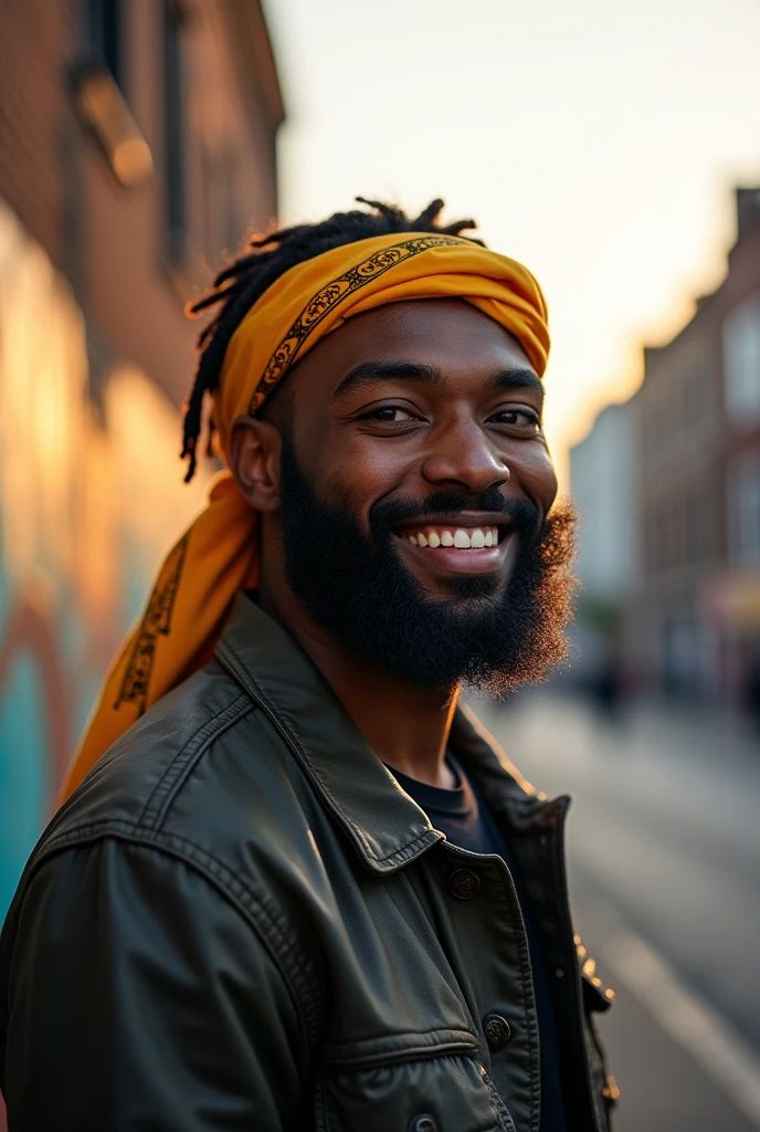 Real image of 28 year old black man, scruffy beard, shaved hair with a yellow bandana on the head