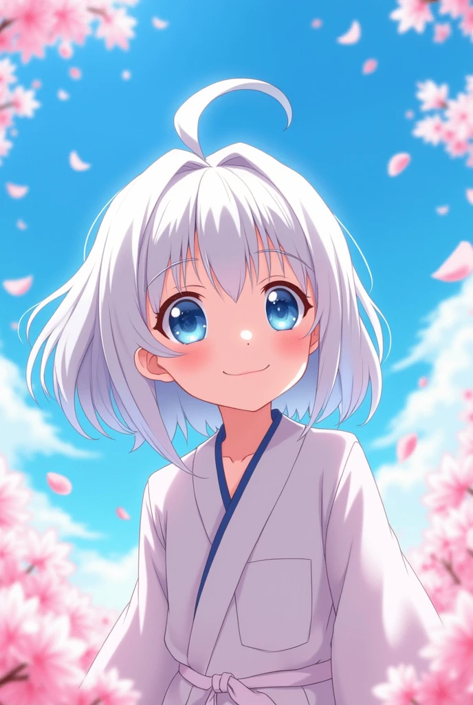 Make an image: Make a white-haired, white-skinned child, blue eyes and Japanese descent, anime genre