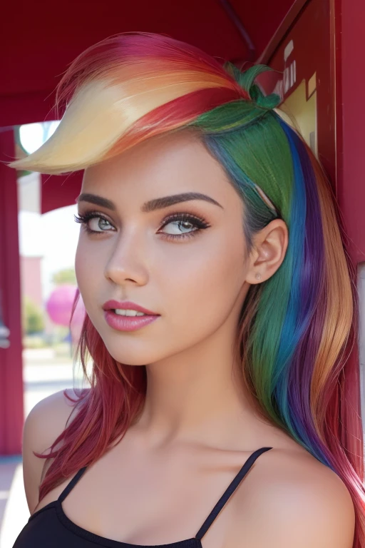 (La mejor calidad, 4k, 8k, Altas Resoluciones, Obra maestra:1.2), Ultra detallado, cara detallada, Labios y ojos detallados..........., lindo maquillaje , aspecto atractivo, Rostro expresivo, realista,
Romper ,Beautiful Caucasian woman with shoulder length messy wavy pink hair, 18 years old, Grandes ojos color rosa, piel clara, slim and athletic, cabello que cubre un ojo,
Romper (dynamic pose), senos grandes , Luz solar suave iluminando la escena, Sutil movimiento del viento en el cabello, happy expression, gloomy atmosphere, afable, Natural lighting that emphasizes your features..........., Subtle shadows that add depth and dimension to the image....... , beautiful girl , mlp Rainbow Dash , pelo de colores arcoiris , cabello de colores arcoiris , outfit elegante ,cuerpo completo , Rainbow Dash , cara alegre , linda sonrisa, vestido elegante , cuerpo completo , maquillaje, labios rojos , dos chicas hermosas