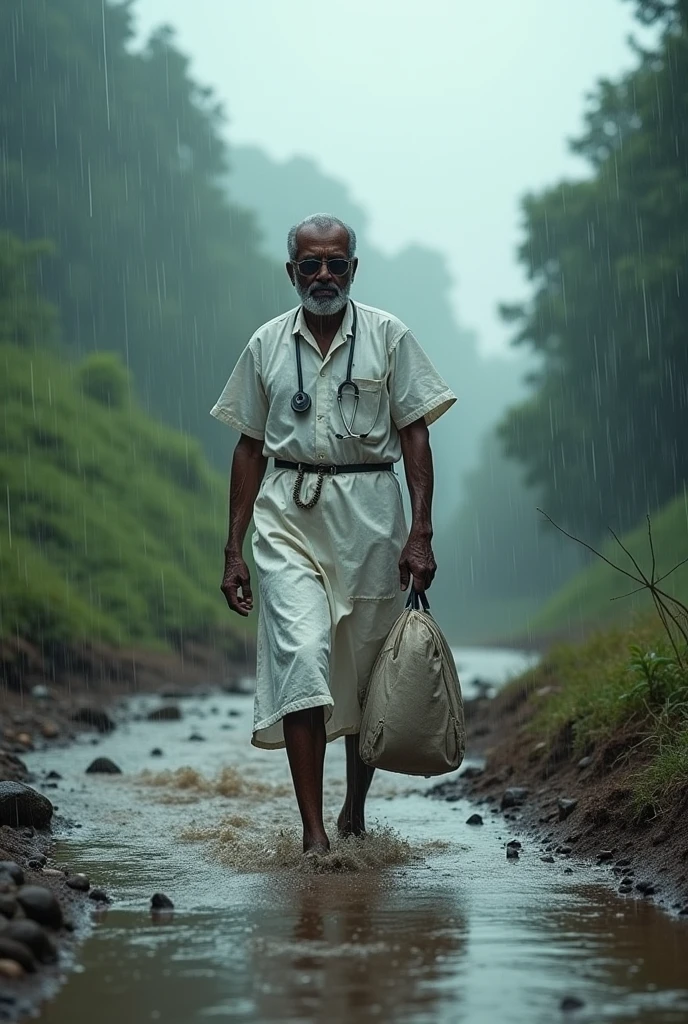 **Scene 2: Dr. Sudhir’s Journey**
Animate Dr. Sudhir walking and wearing white colour apron and stethoscope,through muddy, rain-soaked paths. He’s drenched in rain, carrying a small medical bag, determined and focused as he navigates swollen rivers and steep trails.