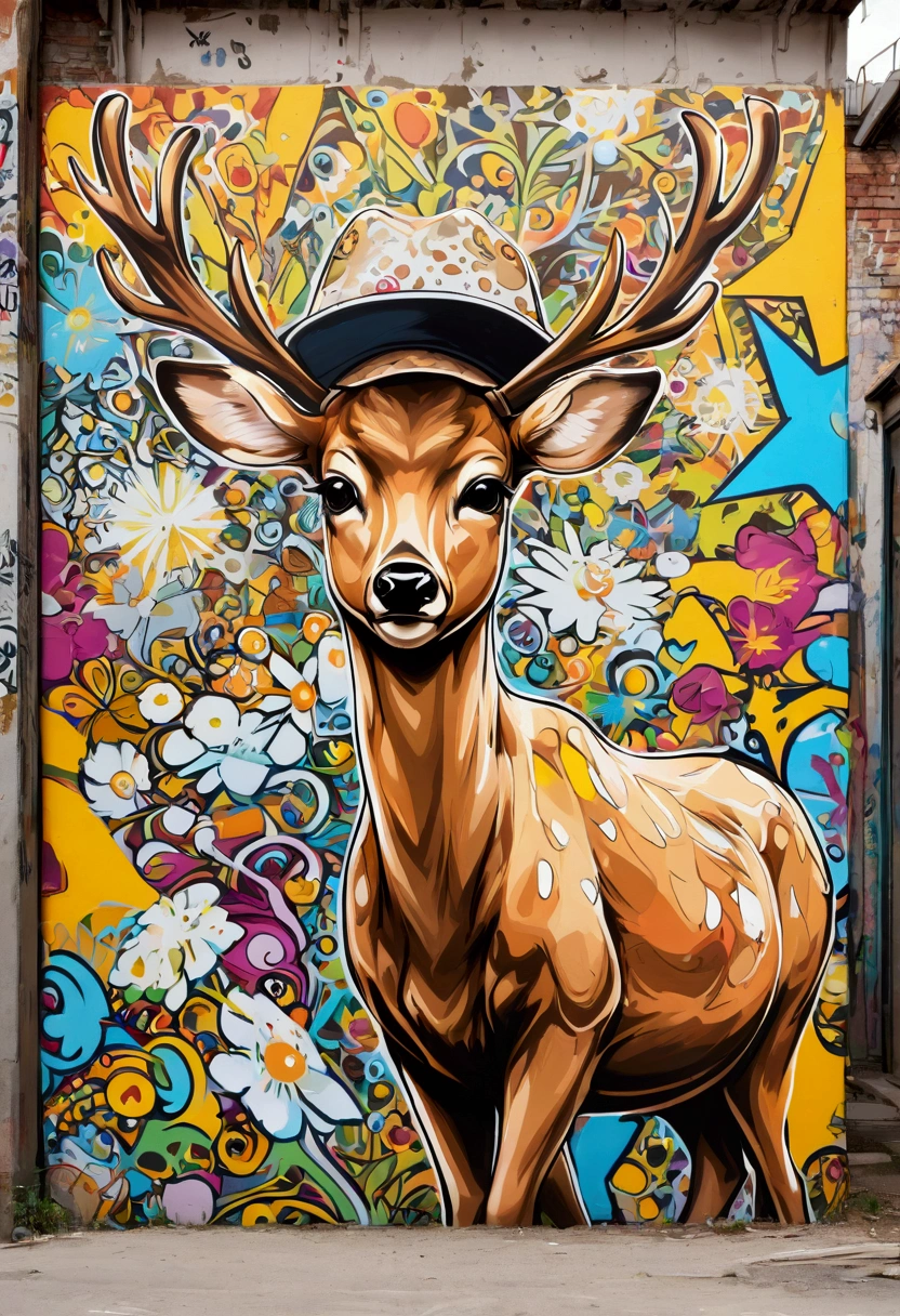 Deer in light brown white with a hat, pop art, graffiti