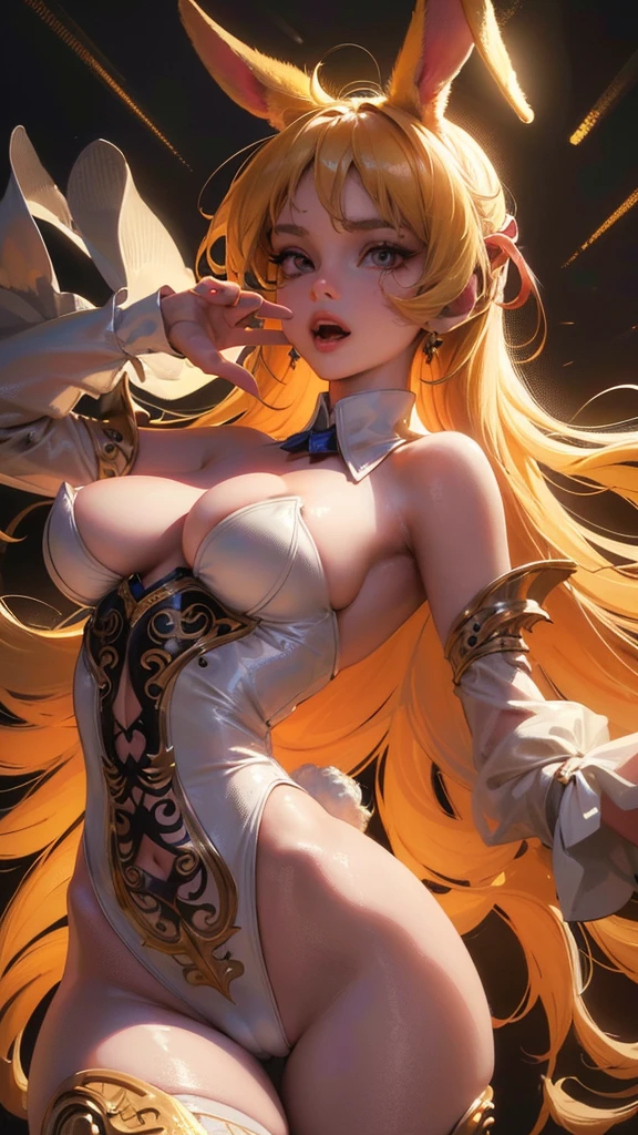 1girl, looking at viewer, open mouth, tongue out, rabbit ears, feet out of frame, from below, (best quality,4k,8k,highres,masterpiece:1.2),ultra-detailed,(realistic,photorealistic,photo-realistic:1.37),anatomically correct,bunnysuit,camel toe,solo,nsfw,extremely detailed face and eyes,ultra high res,highly detailed,intricate details,detailed facial features,hyper detailed,sharp focus,vivid colors,cinematic lighting,dramatic lighting,chiaroscuro lighting,moody lighting