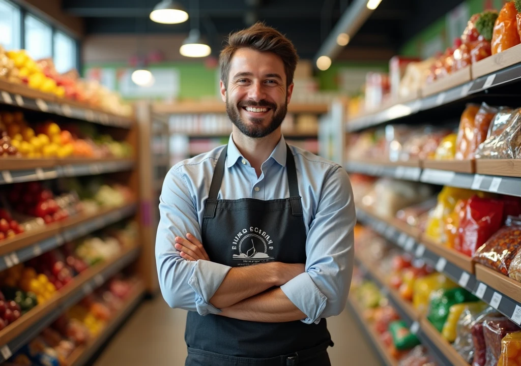 A young Store owner man standing proudly in his shop for YouTube thumbnail of super market samulator in 1024×720 size