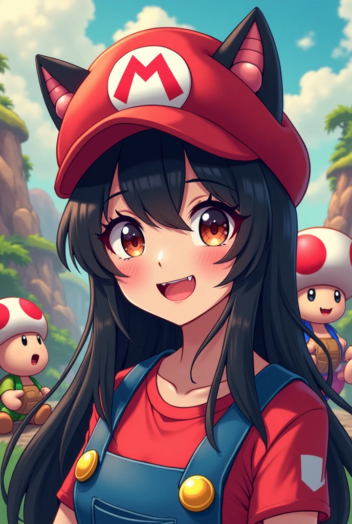gamer girl dressed as mario bros, red mario cap, smoking pipe, in the background toad and turtle from the game mario playing,black hair, hair bobbles, wince, longeyelashes, solid circle eyes, fake animal ears, light smile, ear blush, fang, ccurate, Surrealism, drop shadow, anaglyph, stereogram, tachi-e, pov, atmospheric perspective, 8k, super detail, best quality
