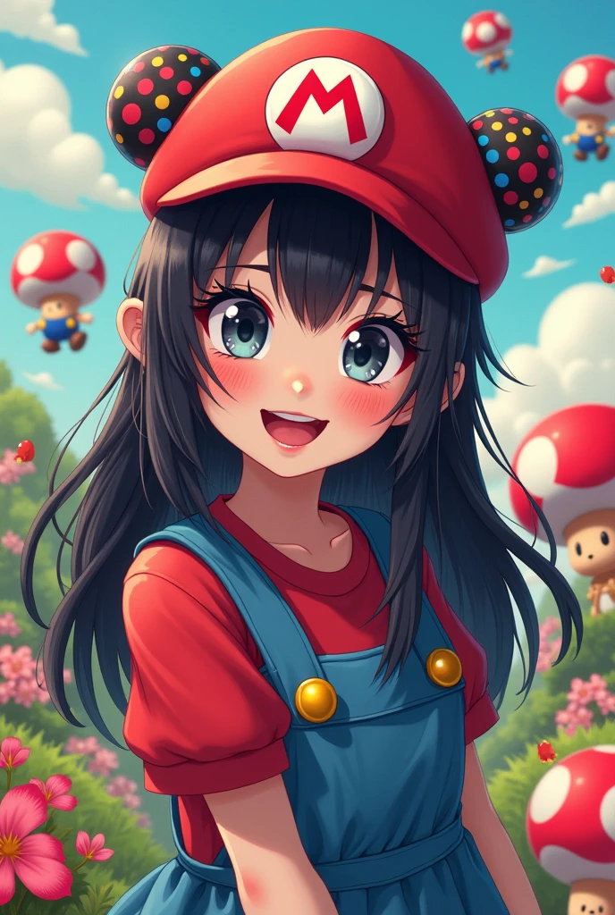 gamer girl dressed as mario bros, red mario cap, smoking pipe, in the background toad and turtle from the game mario playing,black hair, hair bobbles, wince, longeyelashes, solid circle eyes, fake animal ears, light smile, ear blush, fang, ccurate, Surrealism, drop shadow, anaglyph, stereogram, tachi-e, pov, atmospheric perspective, 8k, super detail, best quality