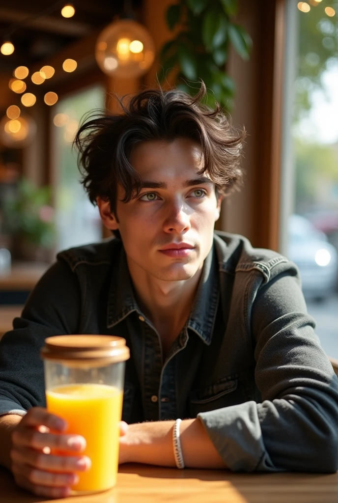 a young man drinking juice from a glass with a lid, reminiscing