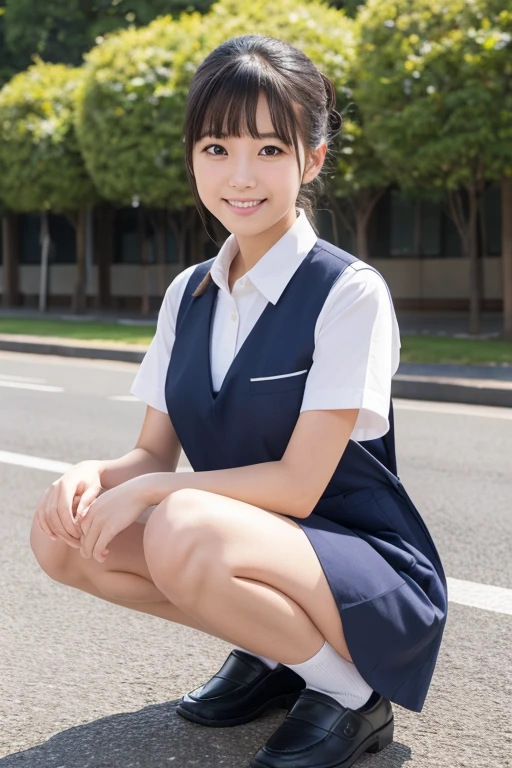 masterpiece, (run and jump)、 highest quality, High resolution, wallpaper, Realistic, Bright lighting, Professional Lighting, Face Light, Smooth lighting, Japanese Girls, ((Whole body 1.4)),Are standing, 15 years old,cute, smile, beautiful girl, gravure, sexy, so beautiful, Beautiful Skin, Beautiful and exquisite、Detailed face、slim、Moderate, short hair, (run and jump)、Schoolyard、Vigorously、smile、skip、Teenage Girls Japanese Realistic 10 generations Background Blur、Sailor suit、blue sky