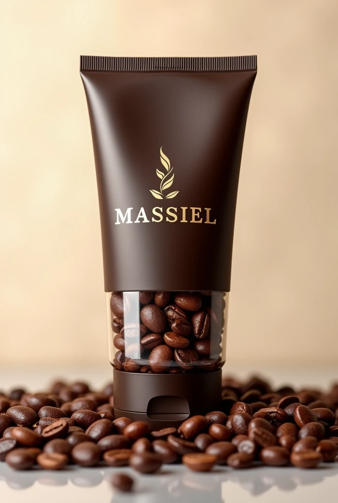Give me an image of a product. Which has a tube bottle that will be a coffee-based exfoliant.
At the bottom of the container that has coffee beans.
The logo should say: MASSIEL