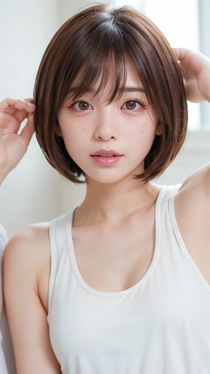 (Bob Cut Hair:1.2),(Wearing a torn white tank top:1.8),1 person,Japanese,21 years old,(Small breasts:1.3),(Highest quality,masterpiece:1.3,Ultra-high resolution,),(Very detailedな,Caustics),(Realistic:1.4,RAW shooting,)Ultra-Realistic Capture,Very detailed,High resolution 16K human skin closeup。 Natural skin texture、,pores、、It needs to be detailed enough to be easily identifiable。 Skin tone is even and healthy looking。 Use natural light and color, Happy expression, Looking into the camera, Perfect dynamic composition, indoor、Cleavage、Earrings、Raise your hand、Armpits、freckles、(Round Glasses)、(erect nipples)、Lying on the bed
