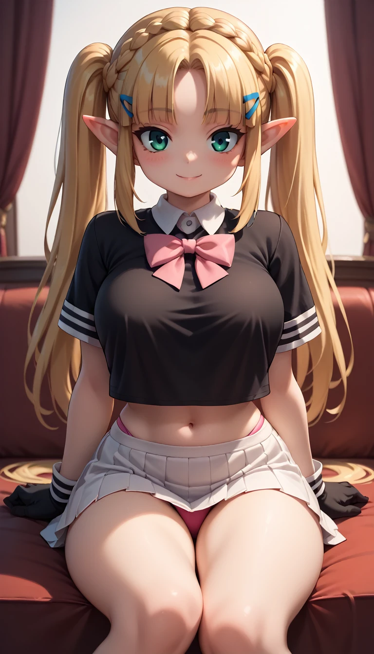 High resolution, Very detailed, perfect lighting, beautiful detailed eyes, ((masterpiece,Best Quality)), absurdities, alone, princess zelda, by the width, crown braid, Hair clip, pointy ears, Gloves without fingers, black gloves, smile, curves, nod, , deep neckline, deep neckline, black school uniform with white details,short white skirt, visible underwear, pink thong, black uniform, black shirt with pink bow, touching her breasts in a sexy way, close up, black fur, close up, pigtails with bangs, pigtails with bangs, touching her breasts in a sexy way, teal eyes, close up, fringe hairstyle, black stockings, pigtails with fringe, sitting