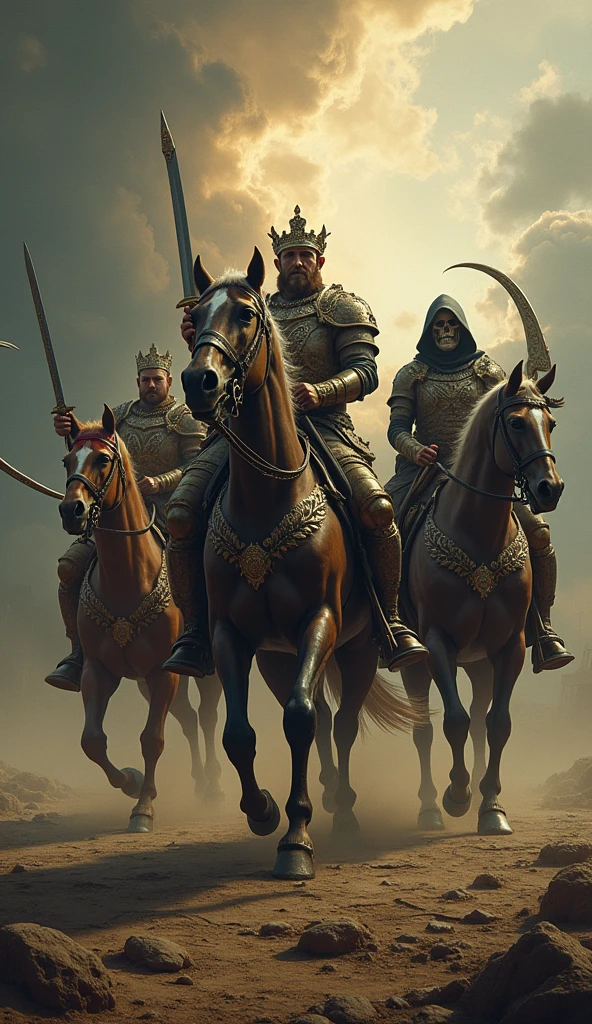 Close-up of the Four Horsemen of the Apocalypse, each depicted with intense detail. The first rider, representing Conquest, wears a crown and holds a bow, his eyes fixed on a distant horizon. The second, War, grips a blood-stained sword, his armor glinting with the reflection of flames. The third, Famine, carries a set of scales, his face gaunt and eyes hollow. The fourth, Death, shrouded in a dark cloak, holds a scythe with a skeletal hand. Beneath them, the Earth cracks and crumbles, with cities in ruins, fields barren, and the sky filled with ominous clouds. The overall atmosphere is one of impending doom and destruction.