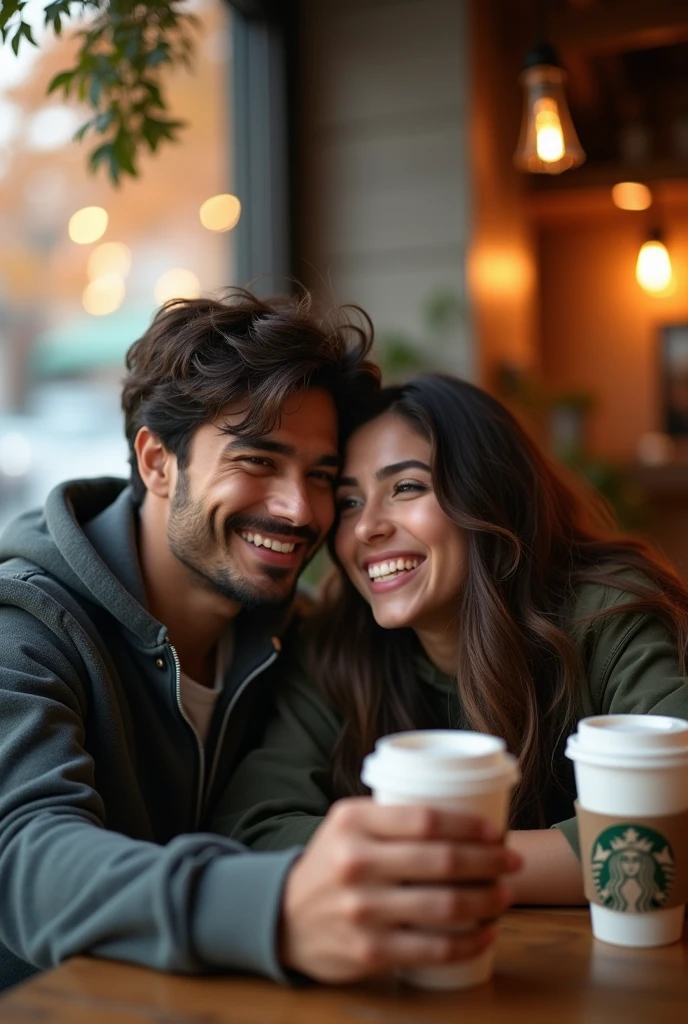 A 21 years old indian handsome boy with medium long hair and seating with his 20 years old beautiful and fair indian girlfriend and both are seeting on a table with their starbucks coffee and taking selfie 