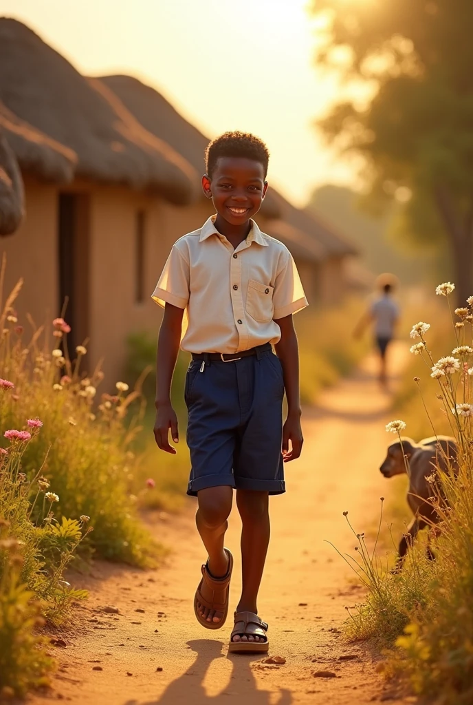 African boy named Dennis going home from school 
