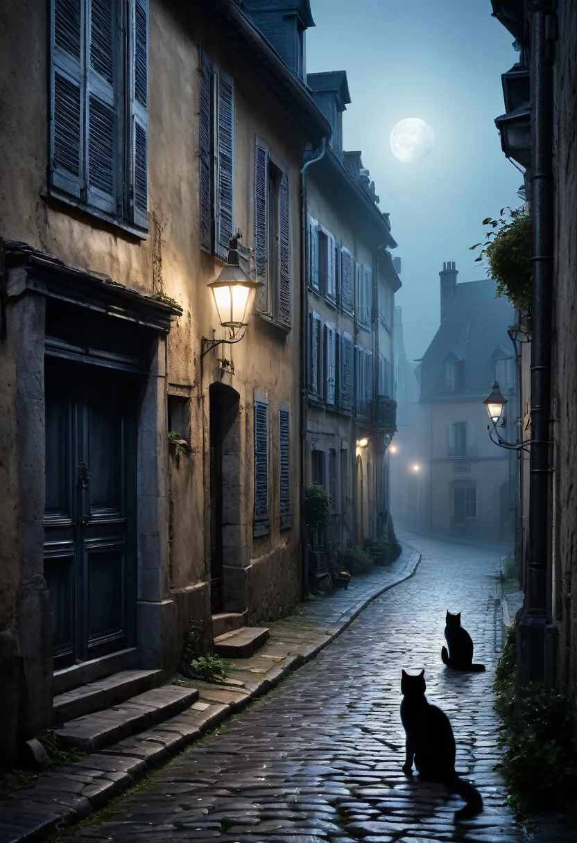 a dark and gloomy street in an old french town, a row of dilapidated houses with cats lurking in the shadows, moonlight casting an eerie glow, cobblestone road, fog rolling in, creepy atmosphere, gothic architecture, moody lighting, haunting ambiance, muted color palette, cool tones, chiaroscuro lighting, mysterious and foreboding, detailed and realistic, cinematic composition, concept art style