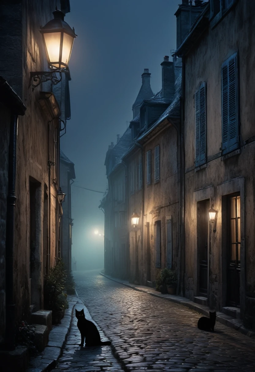 a dark and gloomy street in an old french town, a row of dilapidated houses with cats lurking in the shadows, moonlight casting an eerie glow, cobblestone road, fog rolling in, creepy atmosphere, gothic architecture, moody lighting, haunting ambiance, muted color palette, cool tones, chiaroscuro lighting, mysterious and foreboding, detailed and realistic, cinematic composition, concept art style