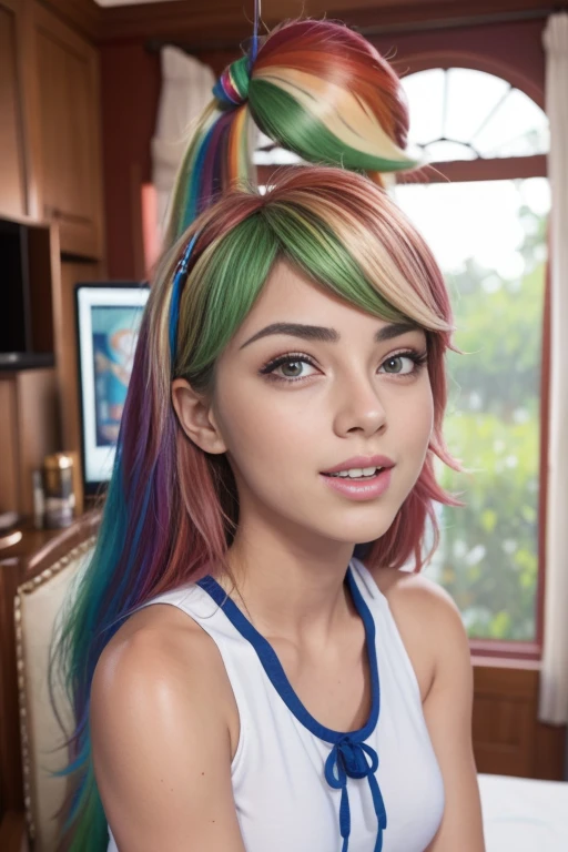 (La mejor calidad, 4k, 8k, Altas Resoluciones, Obra maestra:1.2), Ultra detallado, cara detallada, Labios y ojos detallados..........., lindo maquillaje , aspecto atractivo, Rostro expresivo, realista,
Romper   ,Beautiful Caucasian woman with shoulder length messy wavy pink hair, 18 years old, Grandes ojos color rosa, piel clara, slim and athletic, cabello que cubre un ojo,
Romper  (dynamic pose),  senos grandes , Luz solar suave iluminando la escena, Sutil movimiento del viento en el cabello, happy expression, gloomy atmosphere, afable, Natural lighting that emphasizes your features..........., Subtle shadows that add depth and dimension to the image....... , beautiful girl  , mlp Rainbow Dash , pelo  de colores arcoiris , cabello de colores arcoiris , outfit  elegante ,cuerpo completo , Rainbow Dash , cara alegre , linda sonrisa, vestido elegante , cuerpo completo , maquillaje, labios rojos 