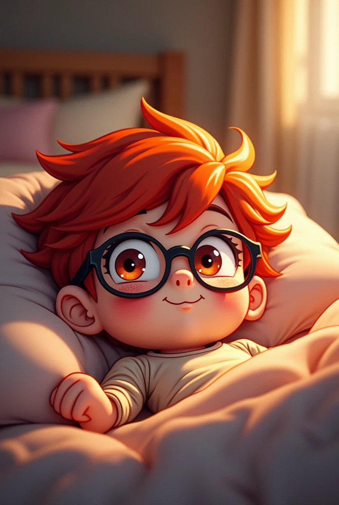 (cartoon: drama total style) Drawing, boy, femboy, cute, pussy, anime, redhair, Freckles, glasses, white skin, bed, warm, nsfw